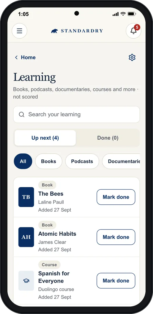 The Standardry Learning screen on a phone: an Up next list of books and a course, each with a Mark done button.