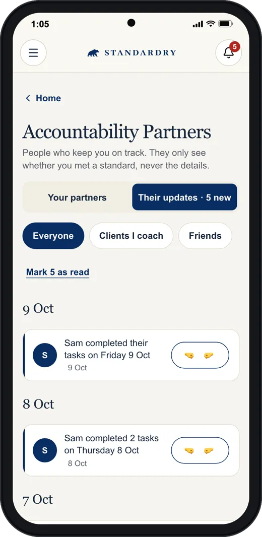 The Standardry Accountability Partners updates feed on a phone, showing two updates from a partner with a bump button on each.