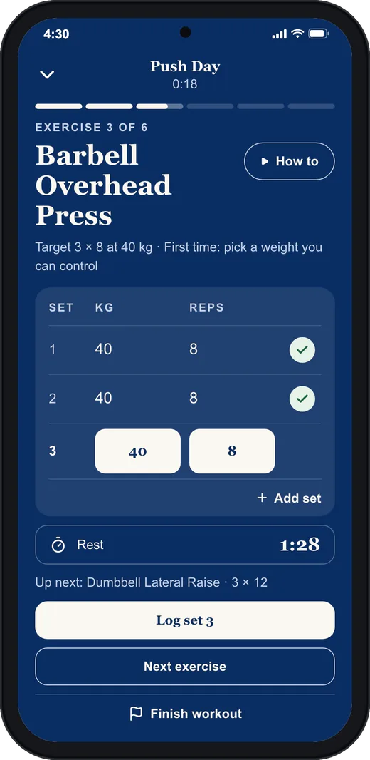 A live workout on a phone, logging a set.
