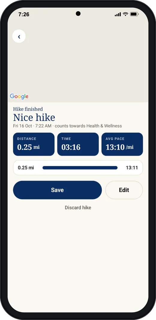 A Hike finished screen in Trail Club on a phone, showing distance in miles, time and pace.