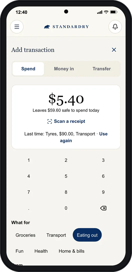 Add transaction on a phone: $5.40, Eating out, leaving $59.60 safe to spend today.