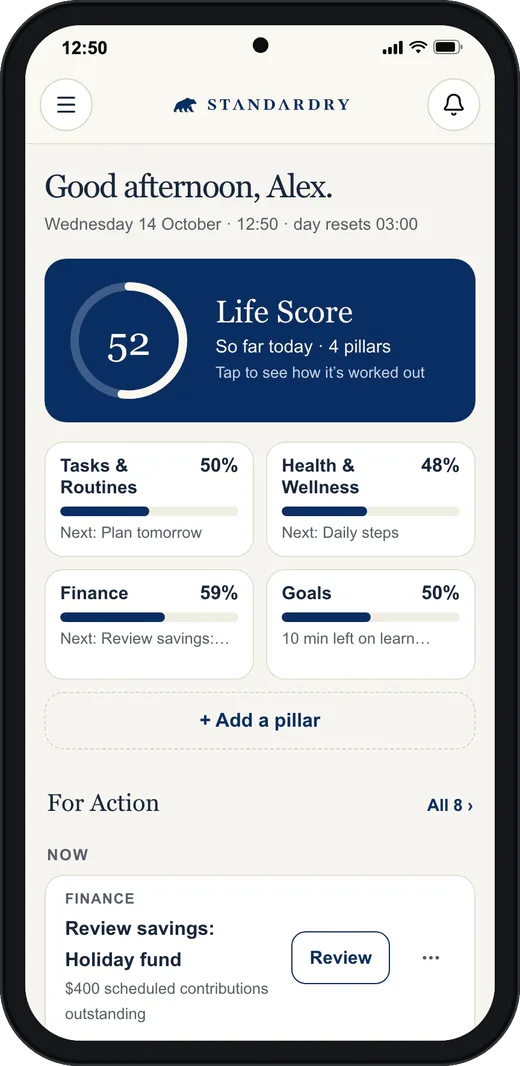 The Standardry Home screen on a phone showing a Life Score of 52.