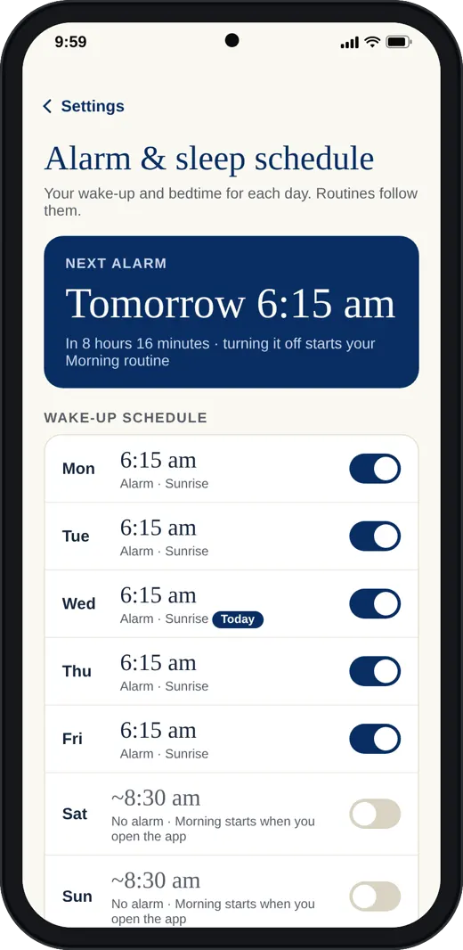 The Standardry alarm on a phone, set for 6:15 am tomorrow.